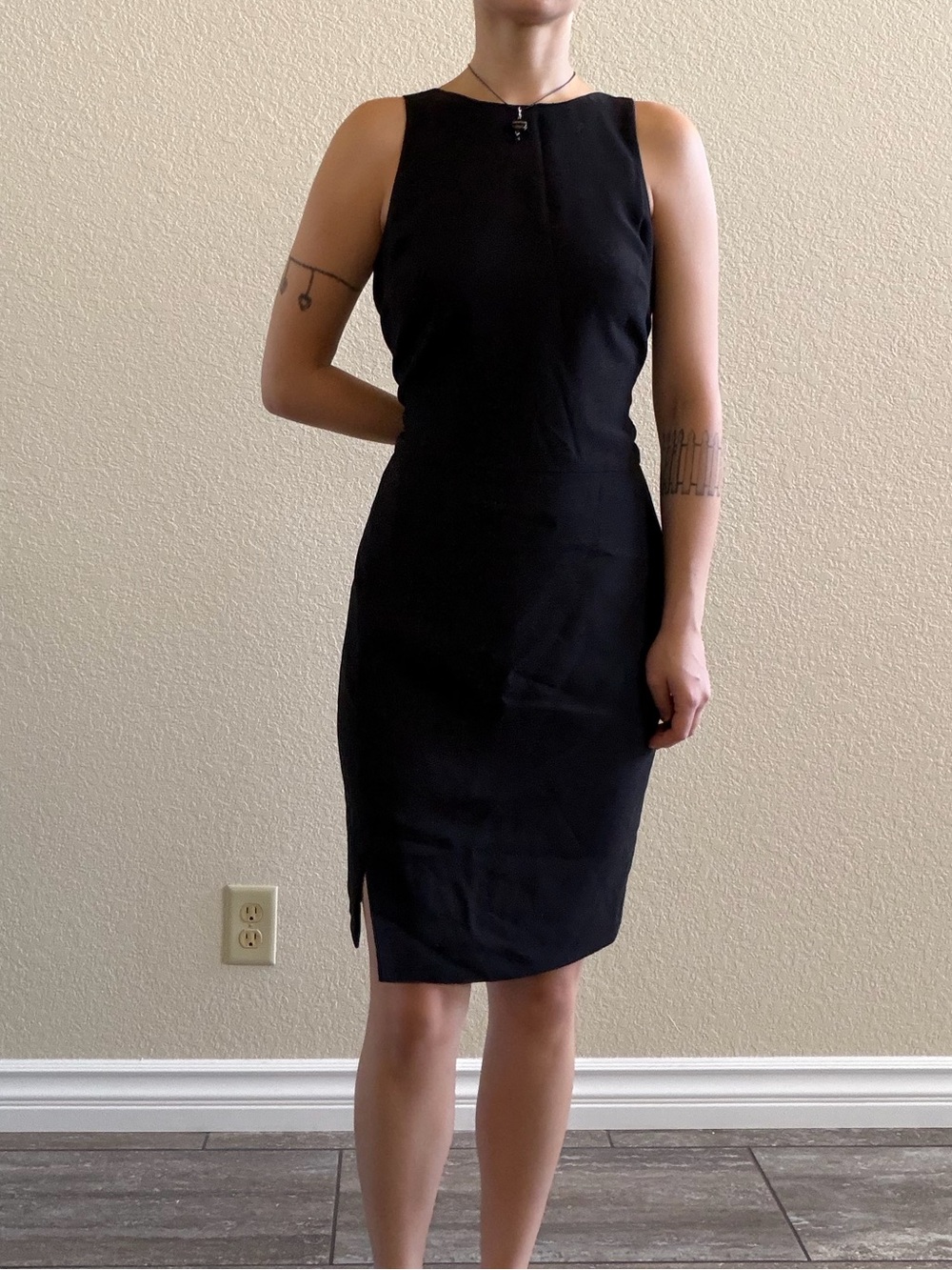 Vintage 90s Classic Black Sleeveless Sheath side slit knee length Dress